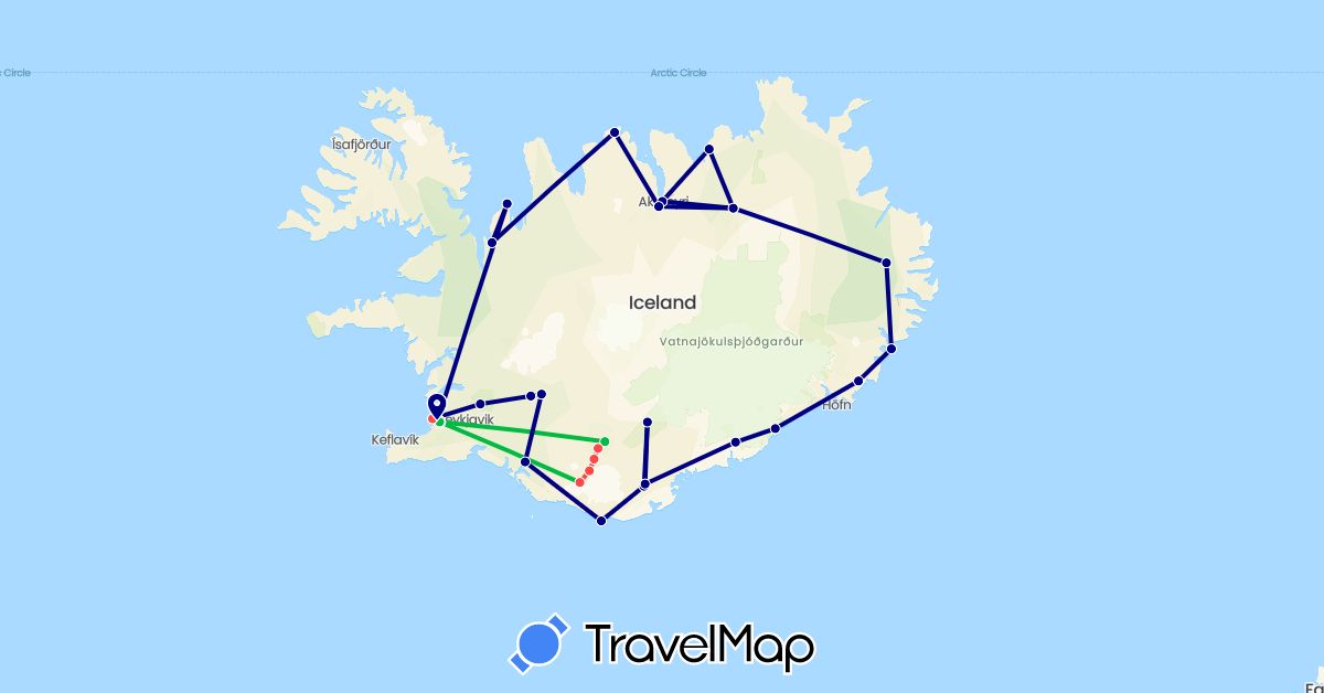 TravelMap itinerary: driving, bus, hiking in Iceland (Europe)